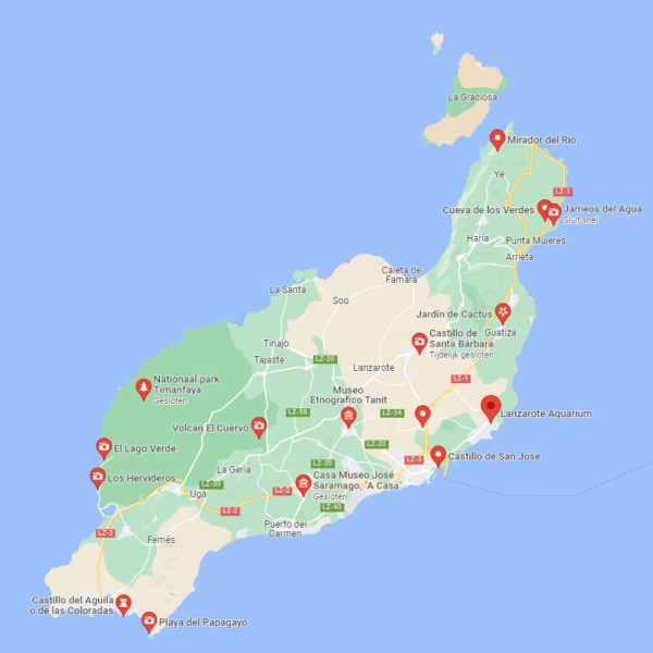 Activiteiten en bezienswaardigheden op Lanzarote op de kaart